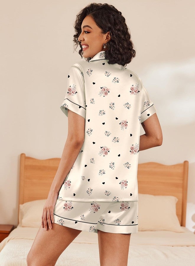 Ekouaer Women's Silk Satin Pajama Set Short Sleeve Pjs Shorts Set Comfy Button Down 2 Piece Sleepwear Loungewear,Champagne Floral,L - Image 2